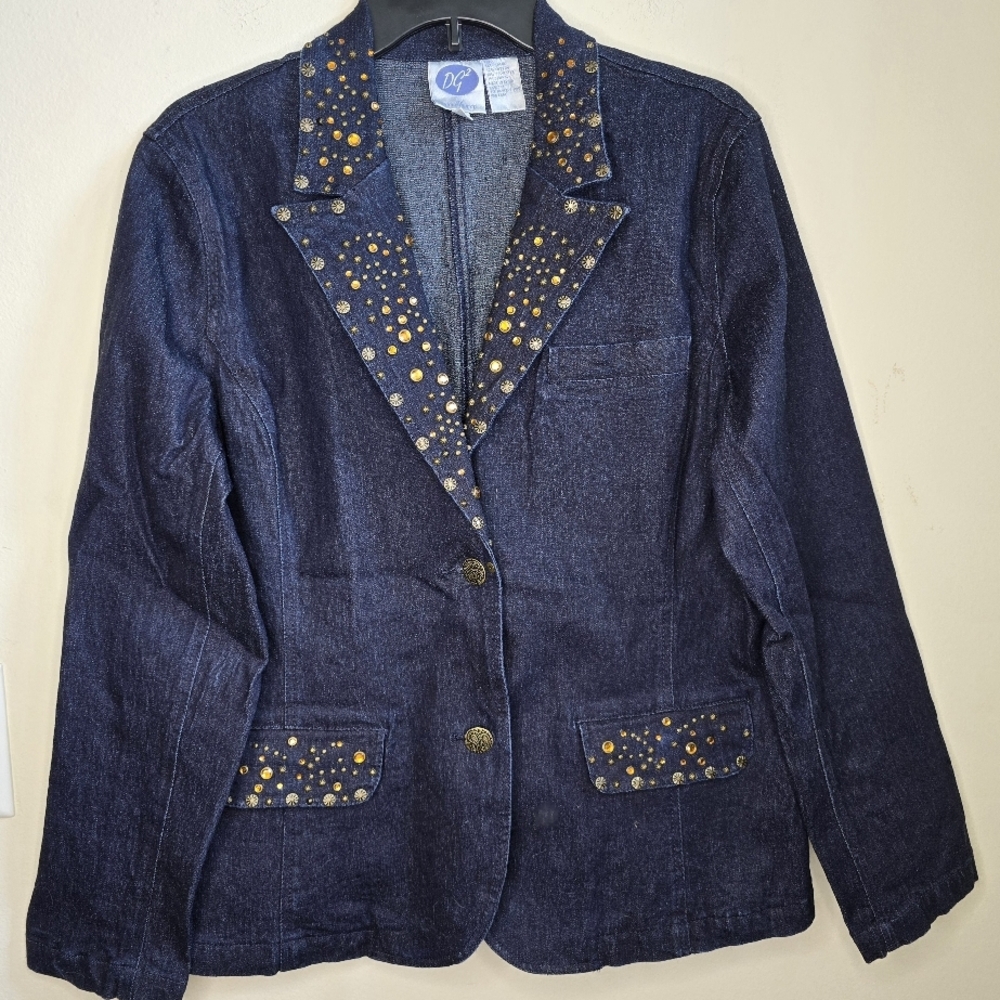 DG2 by Diane Gilman Dark Blue Denim Blazer with Gold Studs